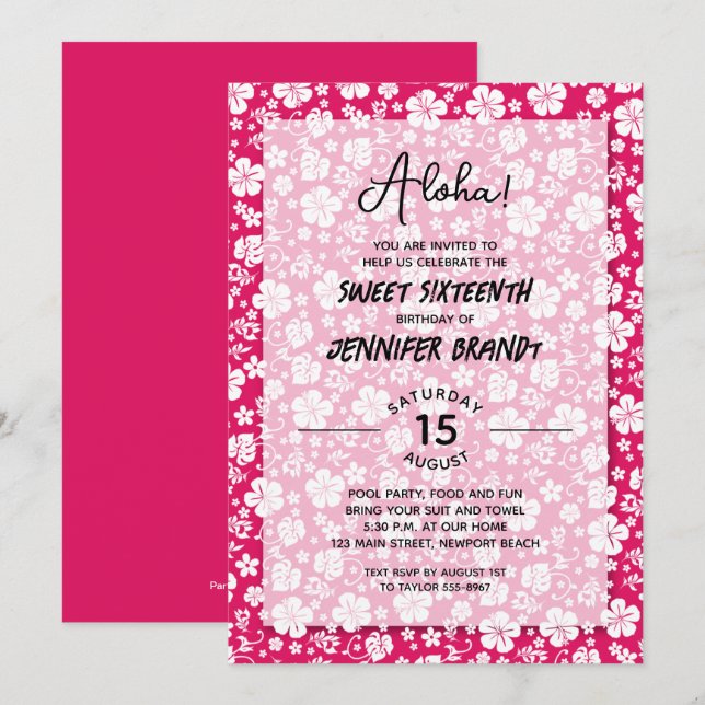Aloha Hawaiian Floral Hot Pink 16th Birthday Invitation (Front/Back)