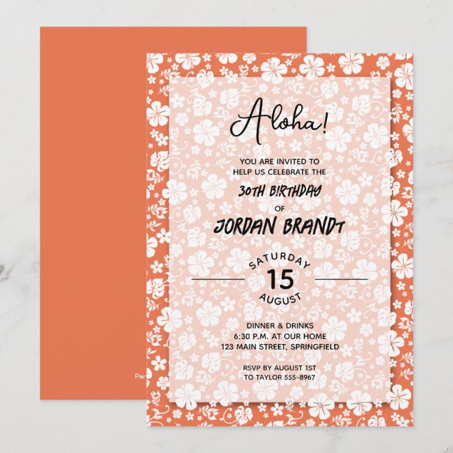 Aloha Hawaiian Floral Peach Birthday Party Invitation (Front/Back)
