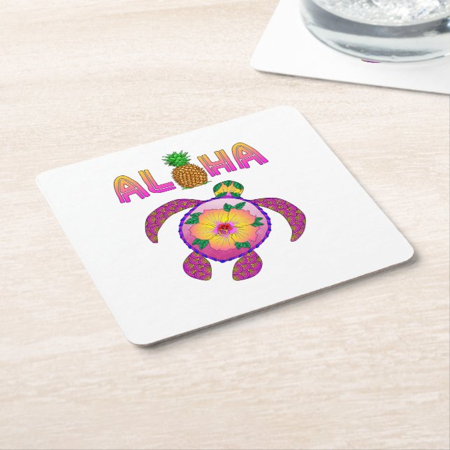 Aloha Hawaiian Honu Turtle Square Paper Coaster (Angled)