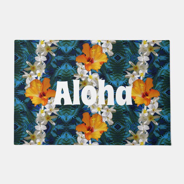 ALOHA Hawaiian Lei Welcome Mat with Hibiscus (Front)