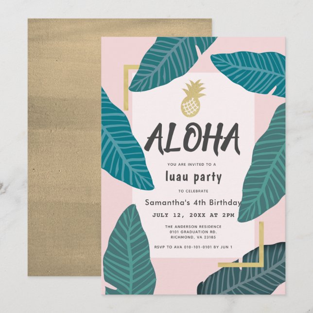 Aloha Hawaiian Luau Pineapple Blush Pink Birthday Invitation (Front/Back)