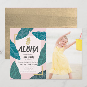 Aloha Hawaiian Luau Pineapple Photo Pink Birthday Invitation
