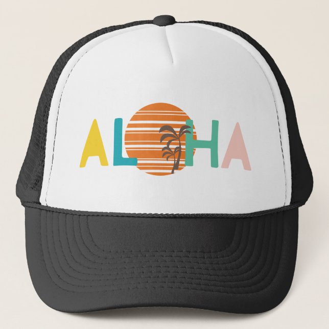 "Aloha" Hawaiian Multicolor Beach Sunset Palm Tree Trucker Hat (Front)