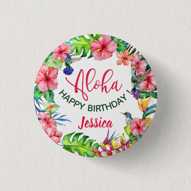 Aloha Hawaiian Pink Hibiscus Birthday Party  1 Inch Round Button (Front)