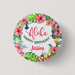 Aloha Hawaiian Pink Hibiscus Birthday Party  1 Inch Round Button