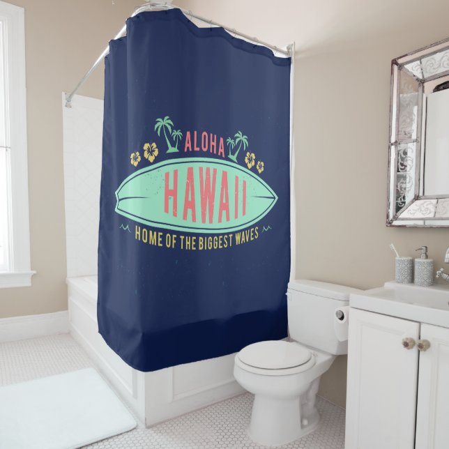 Aloha Hawaiian Surfer shower curtain (In Situ)
