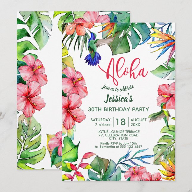 Aloha Hawaiian Tropical Flowers Birthday Invitation (Front/Back)