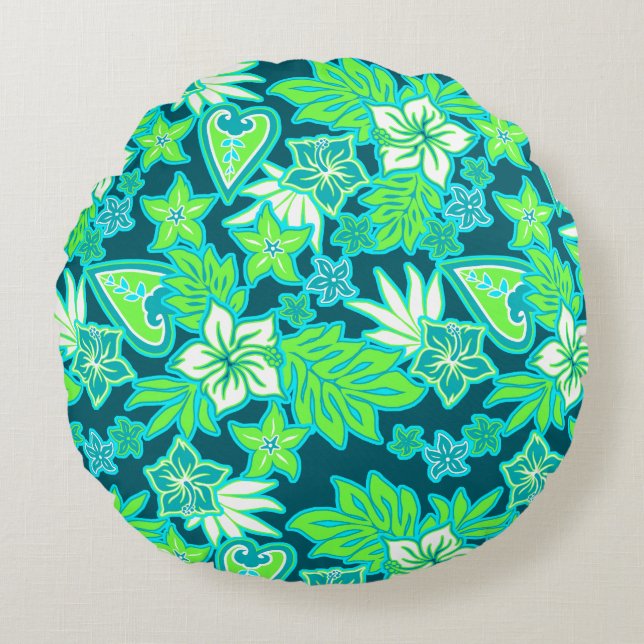 Aloha Heart Hawaiian Hibiscus Tropical Round Pillow (Front)