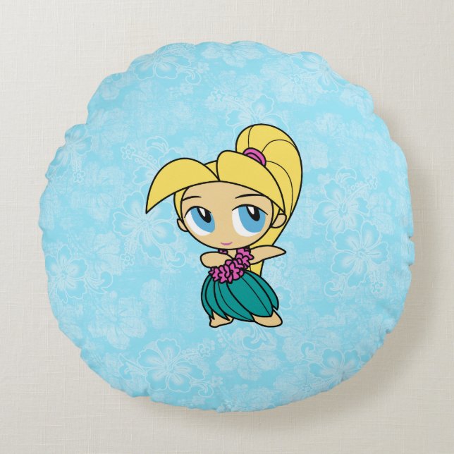 Aloha Honeys Blonde Hula Girl Hawaiian Hibiscus Round Pillow (Front)
