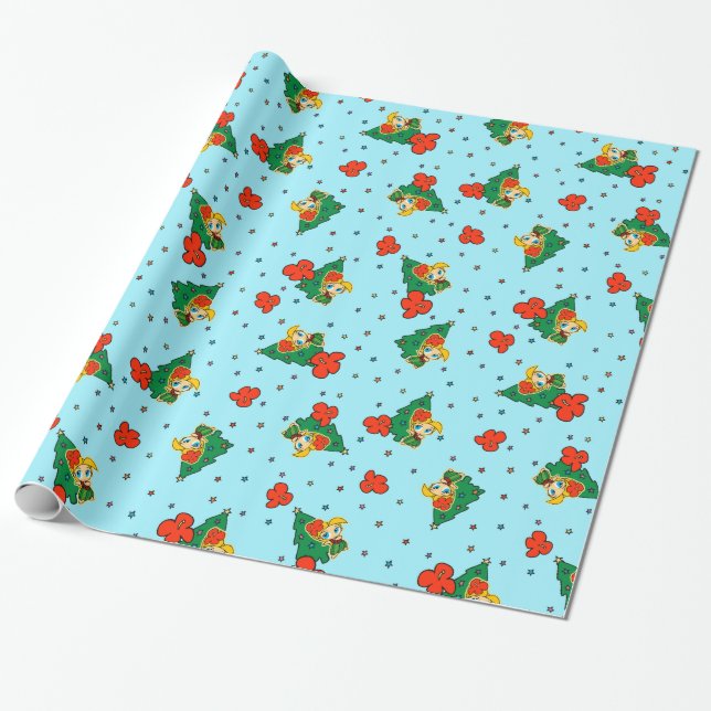 Aloha Honeys Christmas Blonde Hula Girl Turq Wrapping Paper (Unrolled)