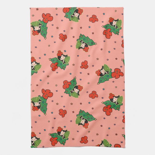 Aloha Honeys Christmas Hawaiian Hula Girl Coral Kitchen Towel (Vertical)
