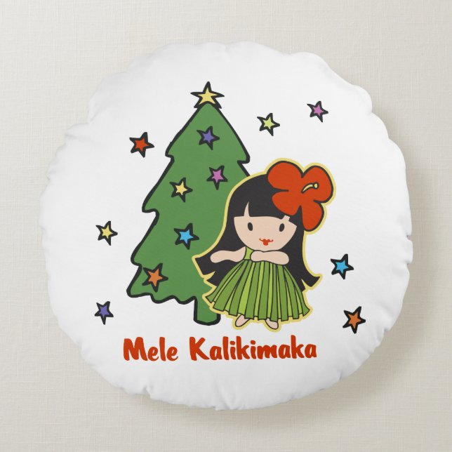 Aloha Honeys Christmas Hawaiian Hula Girl Round Pillow (Front)