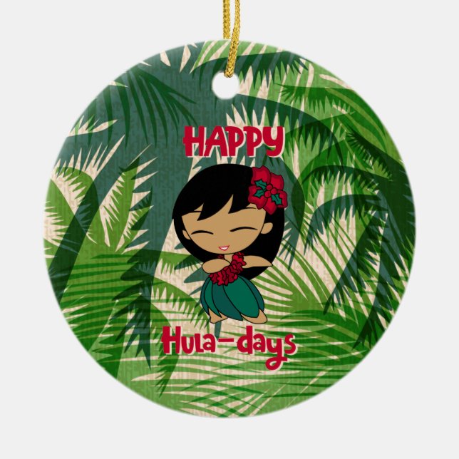 Aloha Honeys Christmas Holiday Hula Girl Palms Ceramic Ornament (Front)
