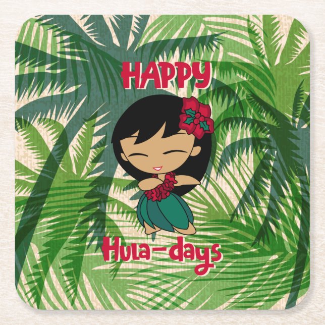 Aloha Honeys Christmas Holiday Hula Girl Palms Nap Square Paper Coaster (Front)