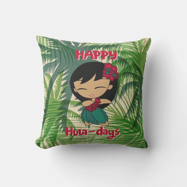 Aloha Honeys Christmas Holiday Hula Girl Palms Outdoor Pillow (Front)