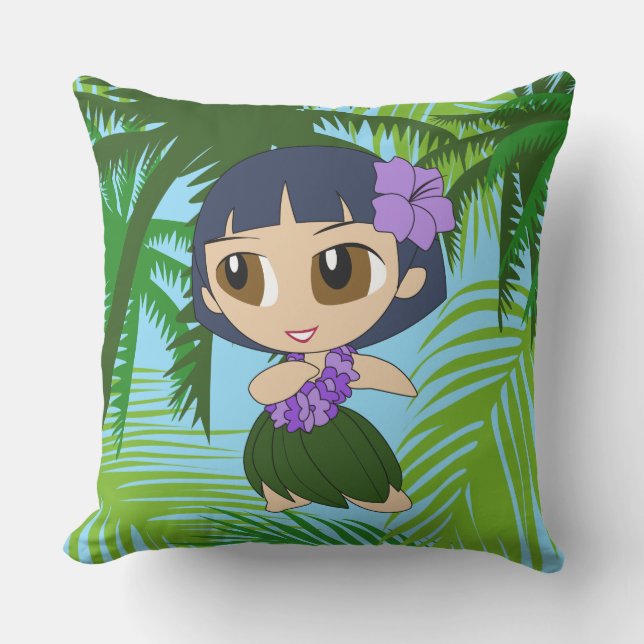 Aloha Honeys Hawaiian Blue Hula Girl Reversible Outdoor Pillow (Front)