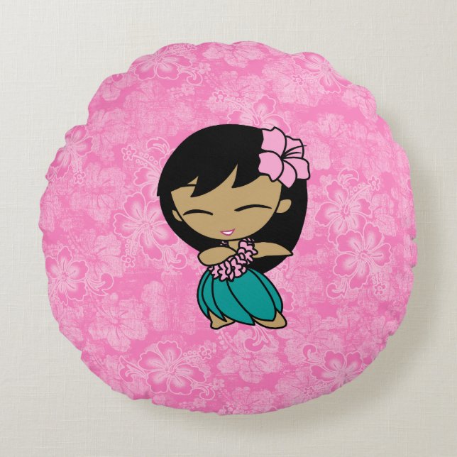 Aloha Honeys Pink Hula Girl Hawaiian Hibiscus Round Pillow (Front)