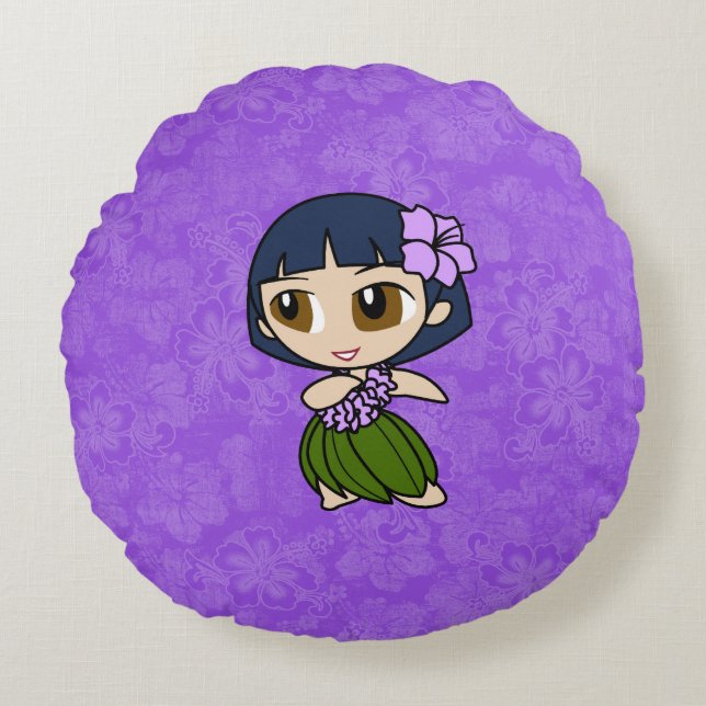 Aloha Honeys Purple Hula Girl Hawaiian Hibiscus Round Pillow (Front)
