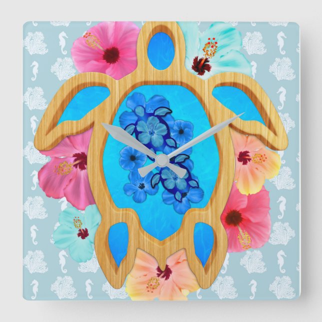 Aloha Honu Sea Turtle Square Wall Clock (Front)
