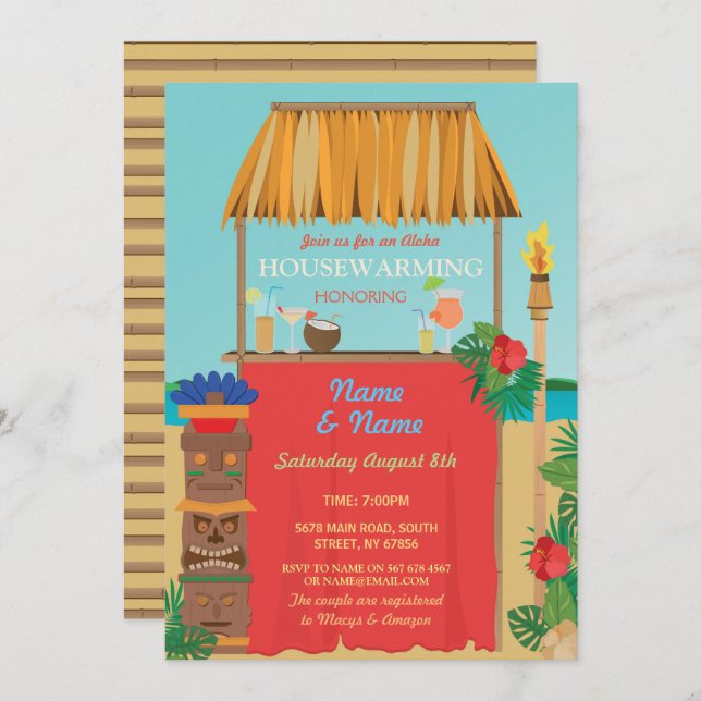 Aloha Housewarming Tiki New Home Luau Invite (Front/Back)