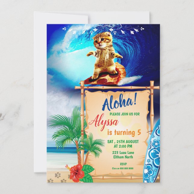 Aloha ! Invitation de surf de chat (Devant)