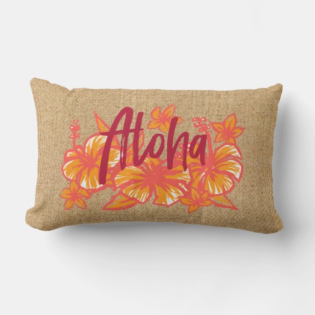 Aloha Kakahiaka Hawaiian Hibiscus Faux Grass Cloth Lumbar Pillow (Front)