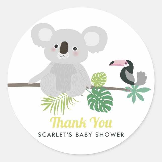 Aloha Koala & Toucan Baby Shower Thank You Sticker (Front)