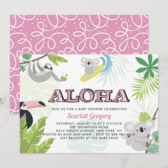 Aloha Koala Tropical Pink Baby Shower Invitation (Front/Back)