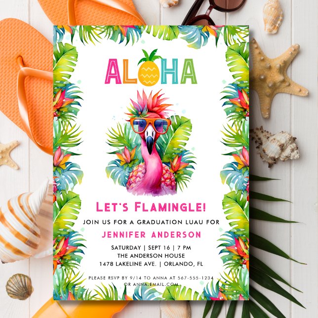 Aloha Let's Flamingle Tropical Graduation Luau Invitation (Creator Uploaded)