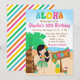 Aloha Luau Beach Birthday Black Hair Girl Invitati Invitation
