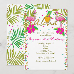 Aloha Luau Girls Tropical Flamingo Birthday Party Invitation