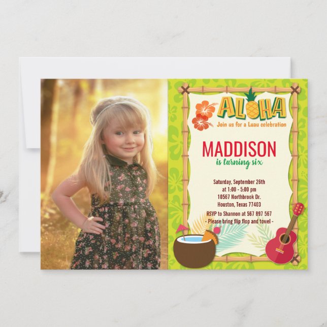Aloha Luau Hawaiian Tropical Summer Birthday Photo Invitation (Front)