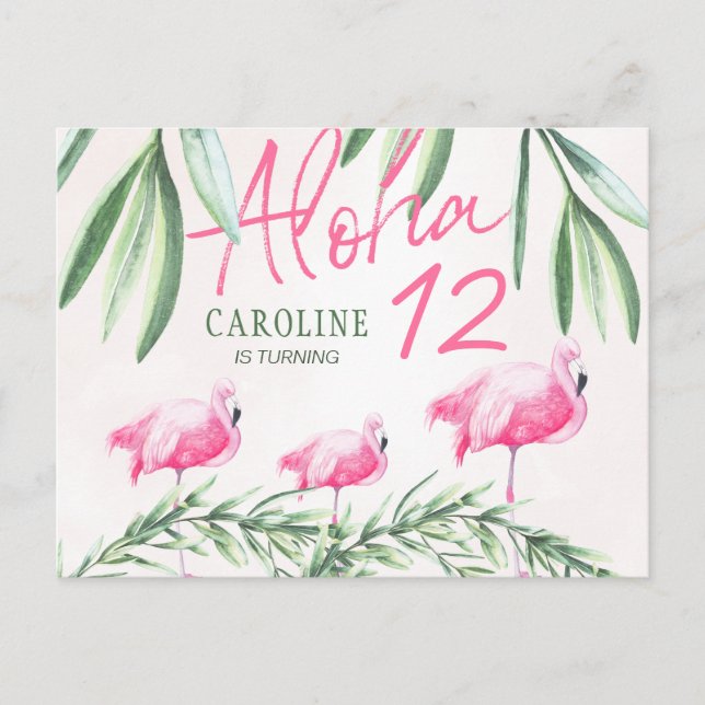 Aloha luau Let's Flamingle tropical birthday party Postcard (Front)