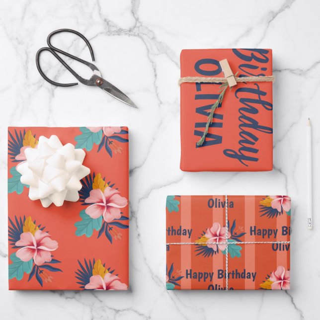Aloha Luau Personalized Name Girl summer birthday Wrapping Paper Sheet (Front)