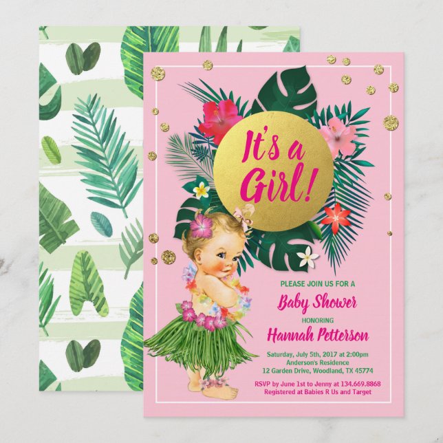 Aloha luau petite fille douche invitation or rose (Devant / Derrière)