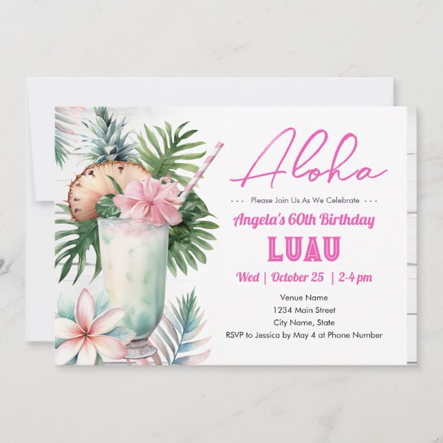 Aloha Luau Tropical Drink 60th Birthday Invitation (Front)