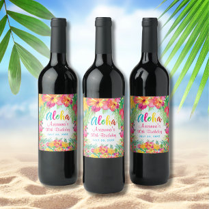 Aloha Luau Tropical Flamingo Birthday Wine Label