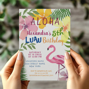 Aloha Luau Tropical Floral Pink Flamingo Birthday Invitation