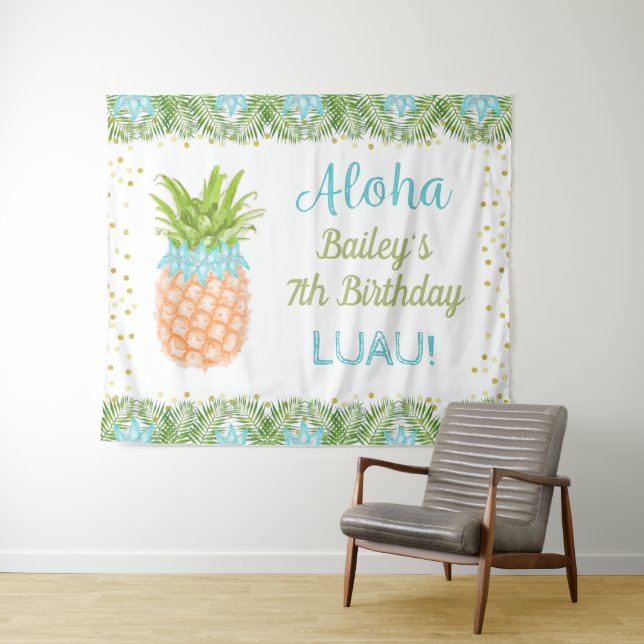 Aloha Luau Tropical Pineapple Birthday Backdrop Tapestry (In Situ (Horizontal))