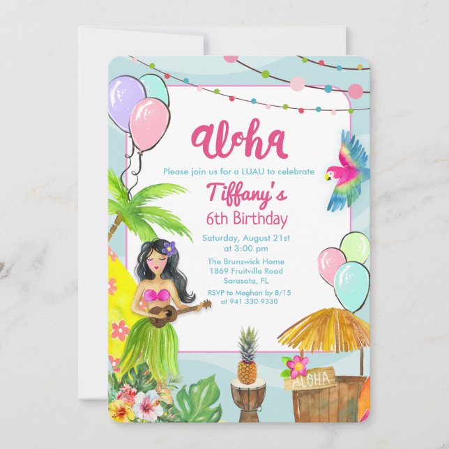 Aloha Luau Tropical Pool Party Birthday Invitation (Front)