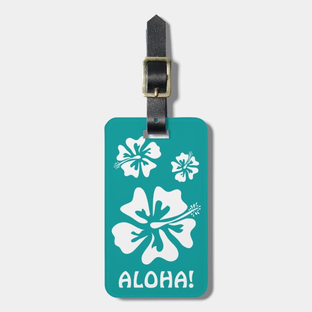 Aloha luggage tag with Hawaiian Hibiscus flowers (Front Vertical)