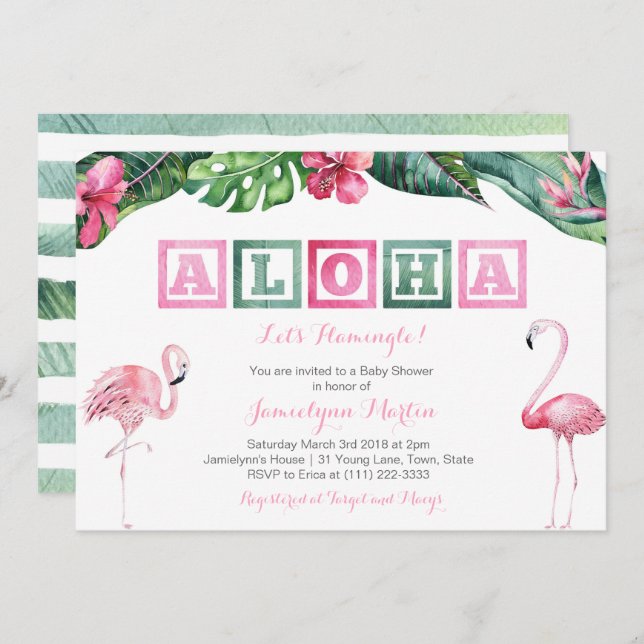 Aloha Lush Tropical Foliage Flamingos Baby Shower Invitation (Front/Back)