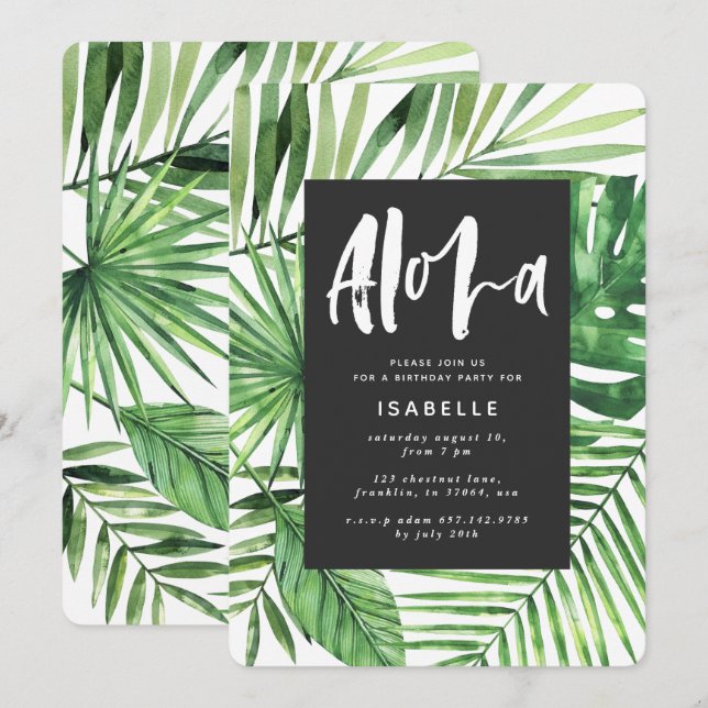Aloha palme tropicale feuille & script invitation (Devant / Derrière)