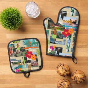 Aloha Paradise Hawaiian Vintage Postcard Oven Mitt & Pot Holder Set