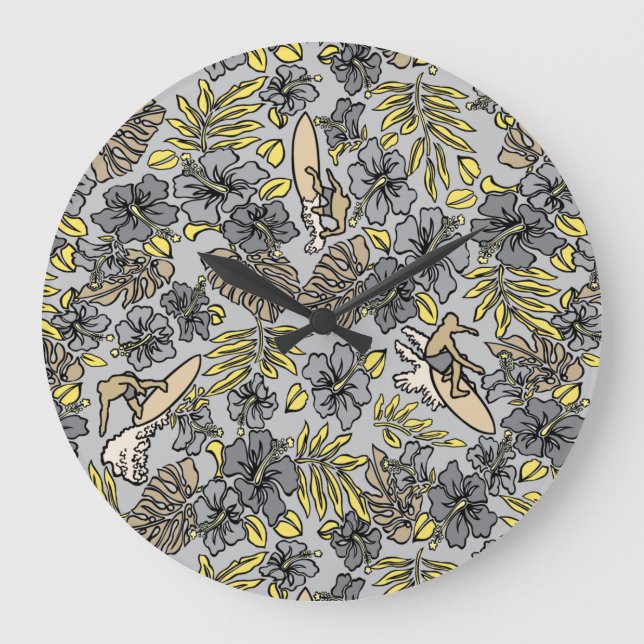 Aloha Patchwork Hawaiian Tropical Prints- Neutral Large Clock (Front)