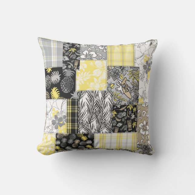 Aloha Patchwork Hawaiian Tropical Prints - Neutral Outdoor Pillow (Front)