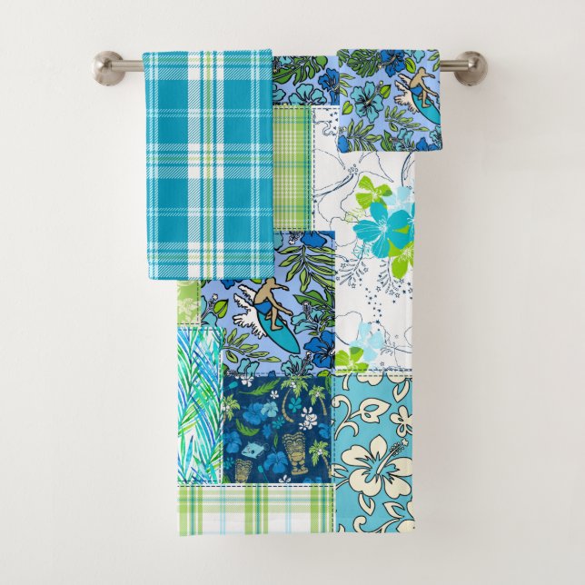 Aloha Patchwork Hawaiian Tropical Prints - Teal Bath Towel Set (Insitu)