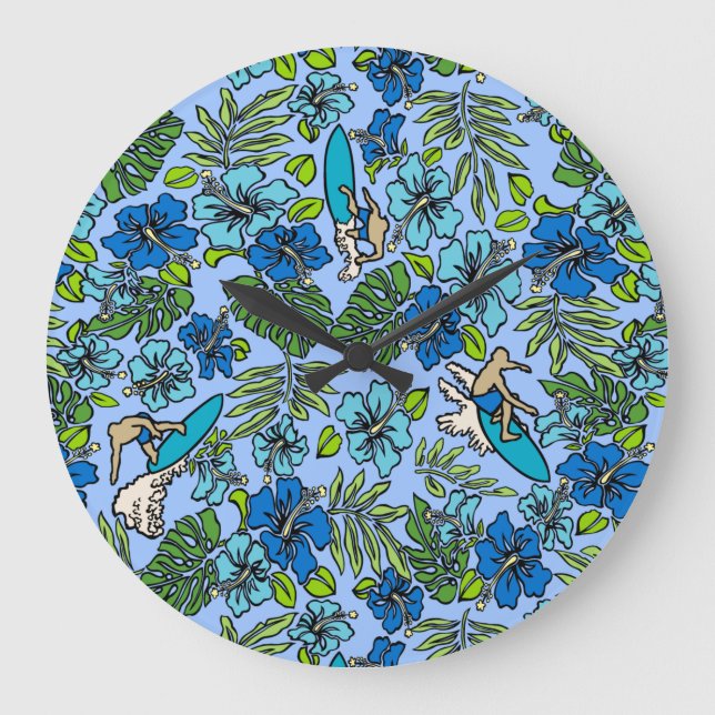 Aloha Patchwork Hawaiian Tropical Prints- Teal Large Clock (Front)