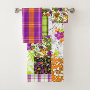 Aloha Patchwork Hawaiian Tropical Prints - Violet Bath Towel Set