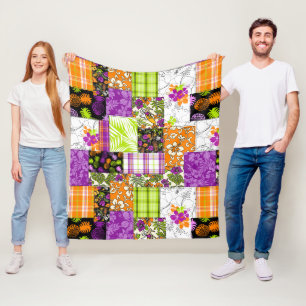 Aloha Patchwork Hawaiian Tropical Prints- Violet Fleece Blanket